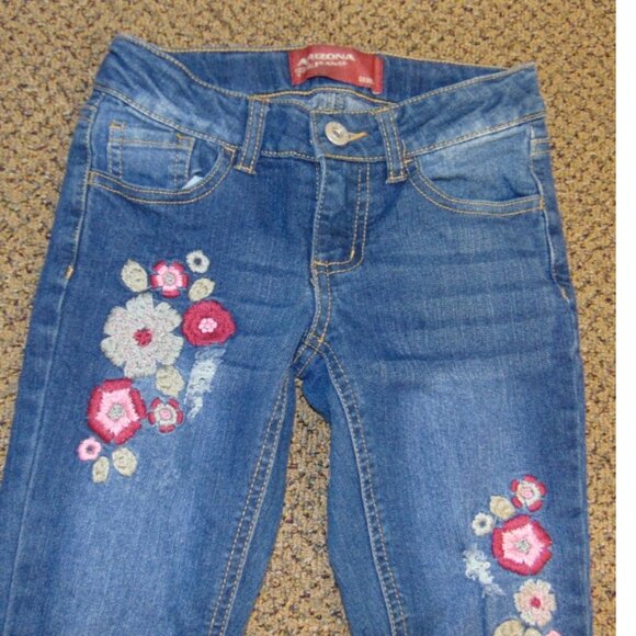 *Arizona Skinny Jeans Girls 7 Blue Adjustable Waist Embroidered - Picture 2 of 5